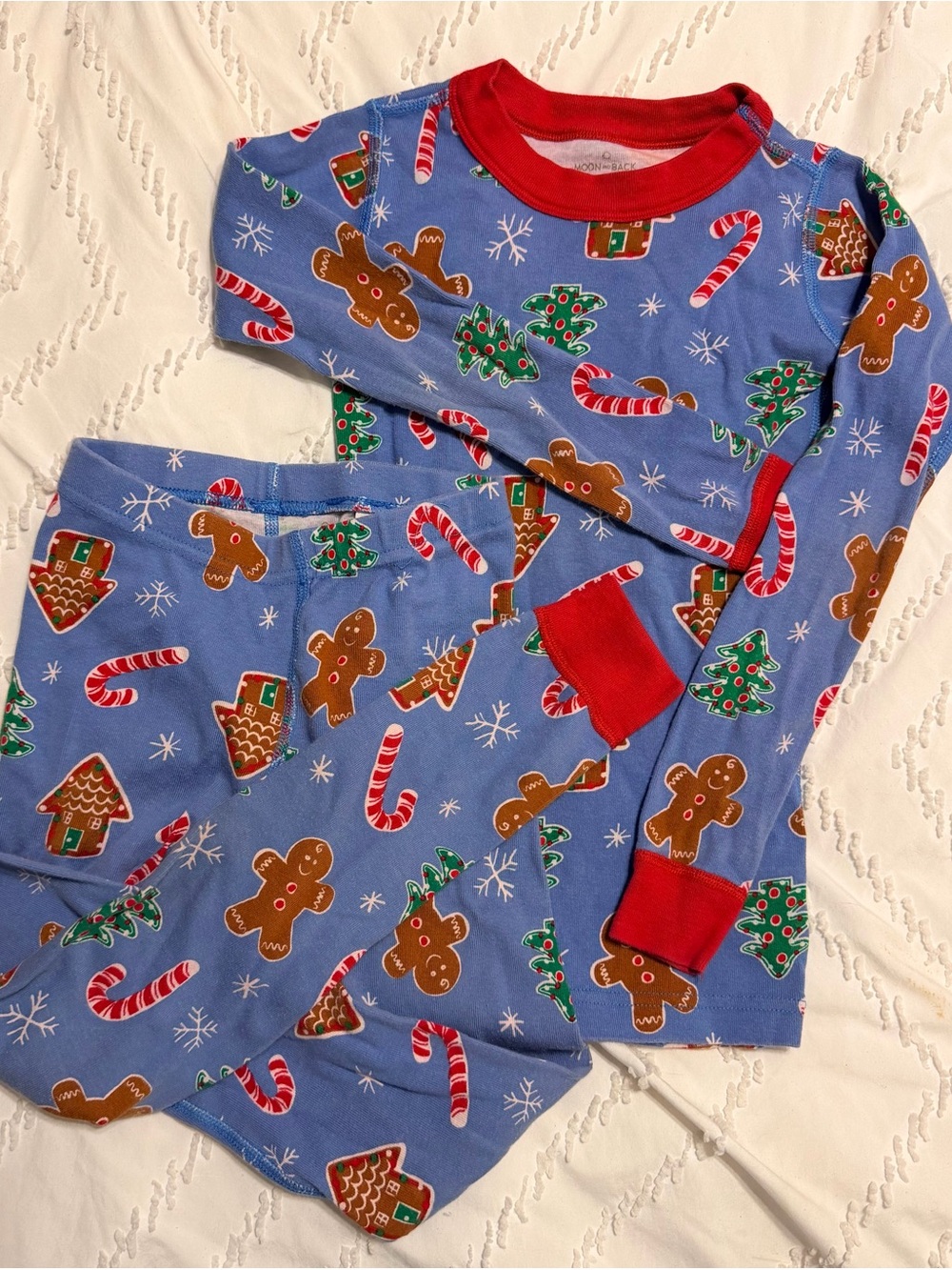 Kids Christmas Gingerbread Print Pajama Set - Blue/Red - Hanna Andersson size 8